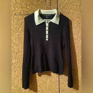 French Connection Black and Cream Button-Up Sweater